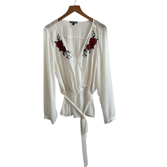 Express White Cream Blouse With Embroidered Flowers - Picture 1 of 6